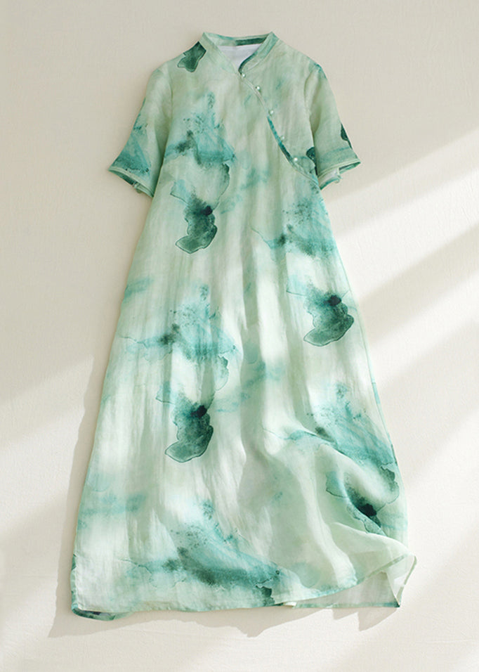 Retro Green Print Button Maxi Dresses Summer Vv023