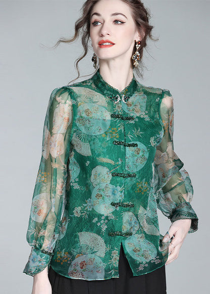 Retro Green Print Patchwork Zircon Chinese Button Silk Blouse Top Spring Ly0151