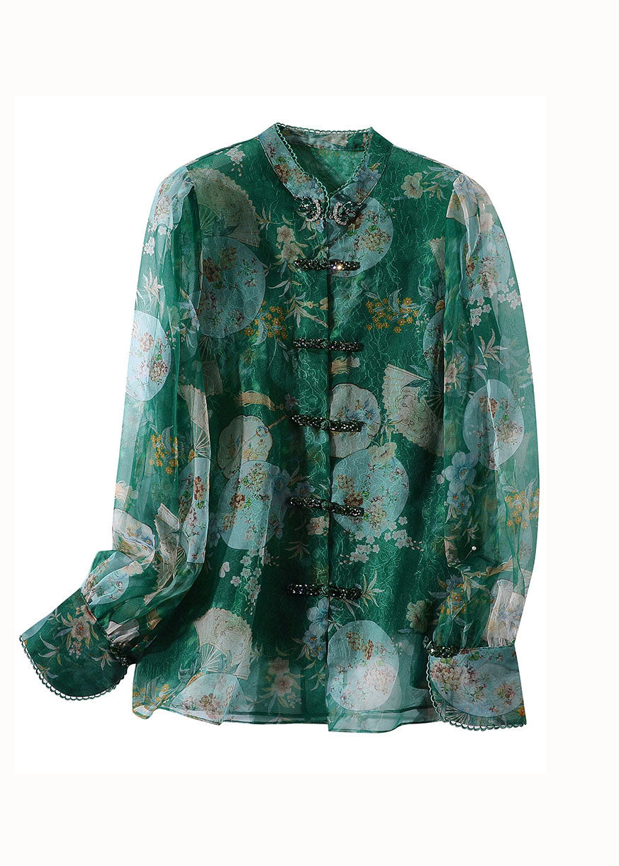 Retro Green Print Patchwork Zircon Chinese Button Silk Blouse Top Spring Ly0151