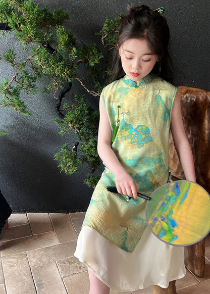 Retro Green Stand Collar Print Tie Waist Kids Maxi Dress Short Sleeve Mn030