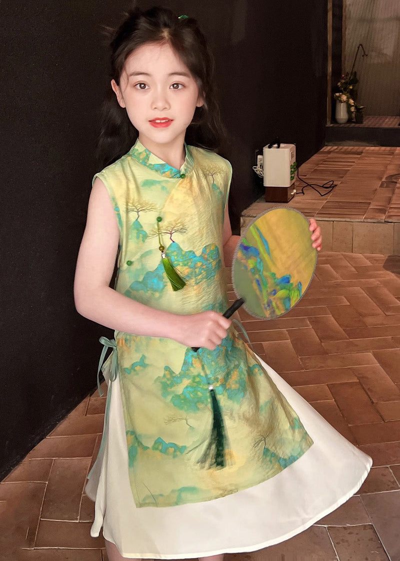 Retro Green Stand Collar Print Tie Waist Kids Maxi Dress Short Sleeve Mn030