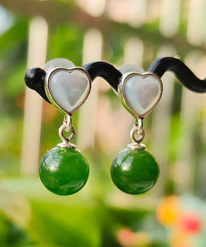 Retro Green Sterling Silver Inlaid Love Shell Jadedrop Earrings
