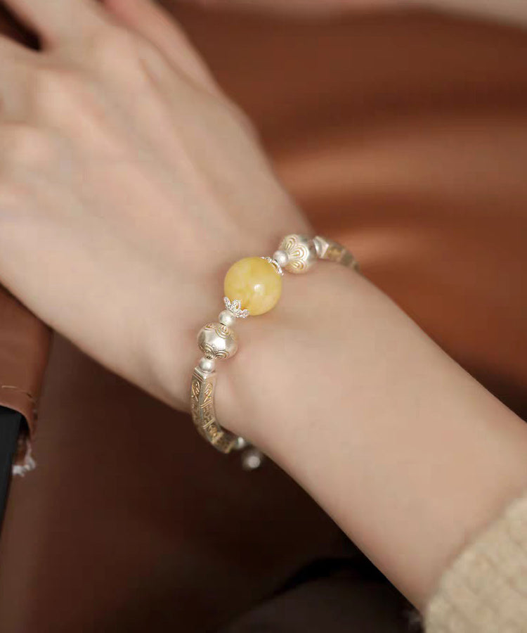 Retro Light Yellow 925 Silver Silver Beeswax Patchwork Pearl Charm Bracelet