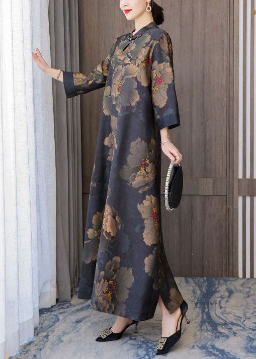 Retro Mandarin Collar Print Silk Long Dresses Caftan Spring Ly1707