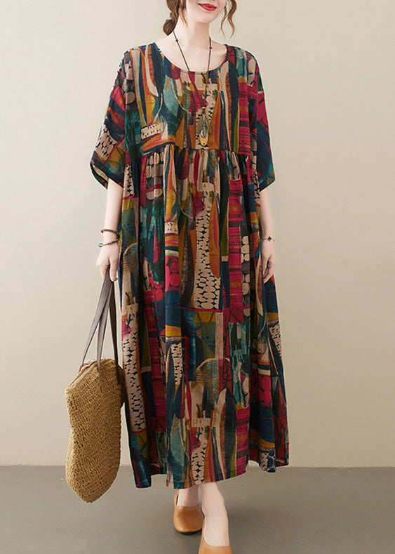 Retro O-neck Print Party Maxi Dress Half Sleeve Ac2058
