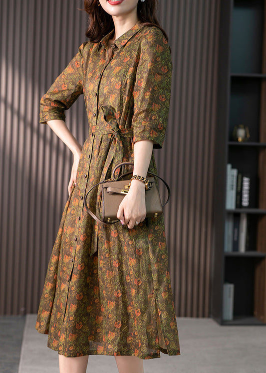 Retro Peter Pan Collar Print Button Slim Linen Maxi Dress Half Sleeve Ly1735