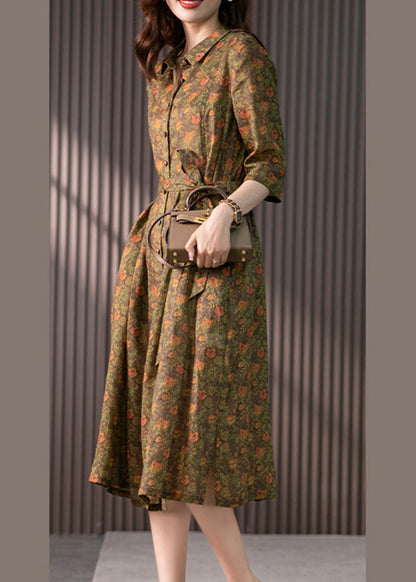 Retro Peter Pan Collar Print Button Slim Linen Maxi Dress Half Sleeve Ly1735