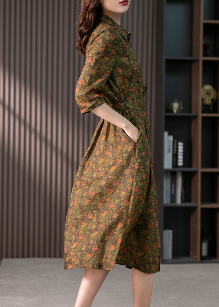 Retro Peter Pan Collar Print Button Slim Linen Maxi Dress Half Sleeve Ly1735
