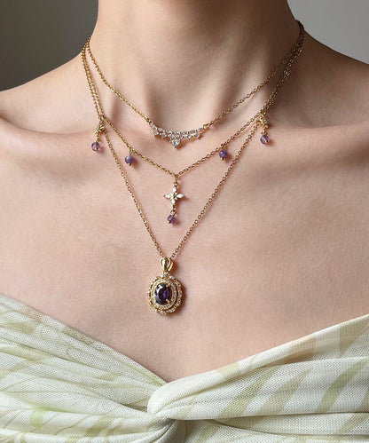 Retro Purple Zircon Layering Alloy Two Piece Set Pendant Necklace