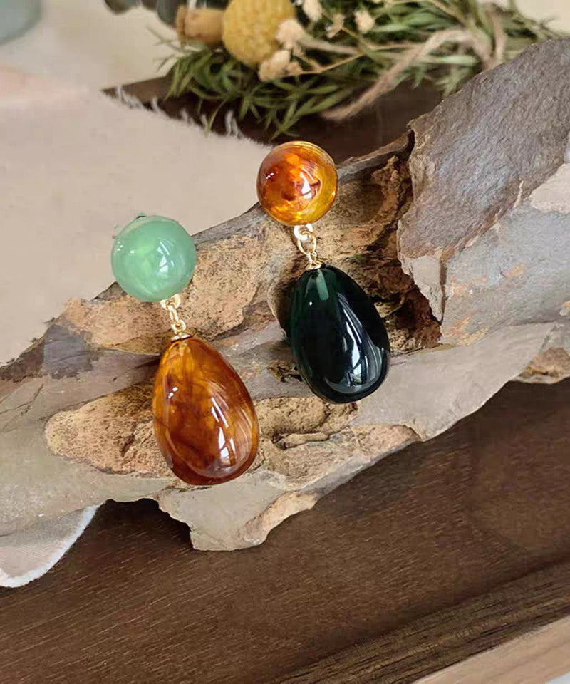 Retro Rainbow Sterling Silver Resin Water Droplet Drop Earrings