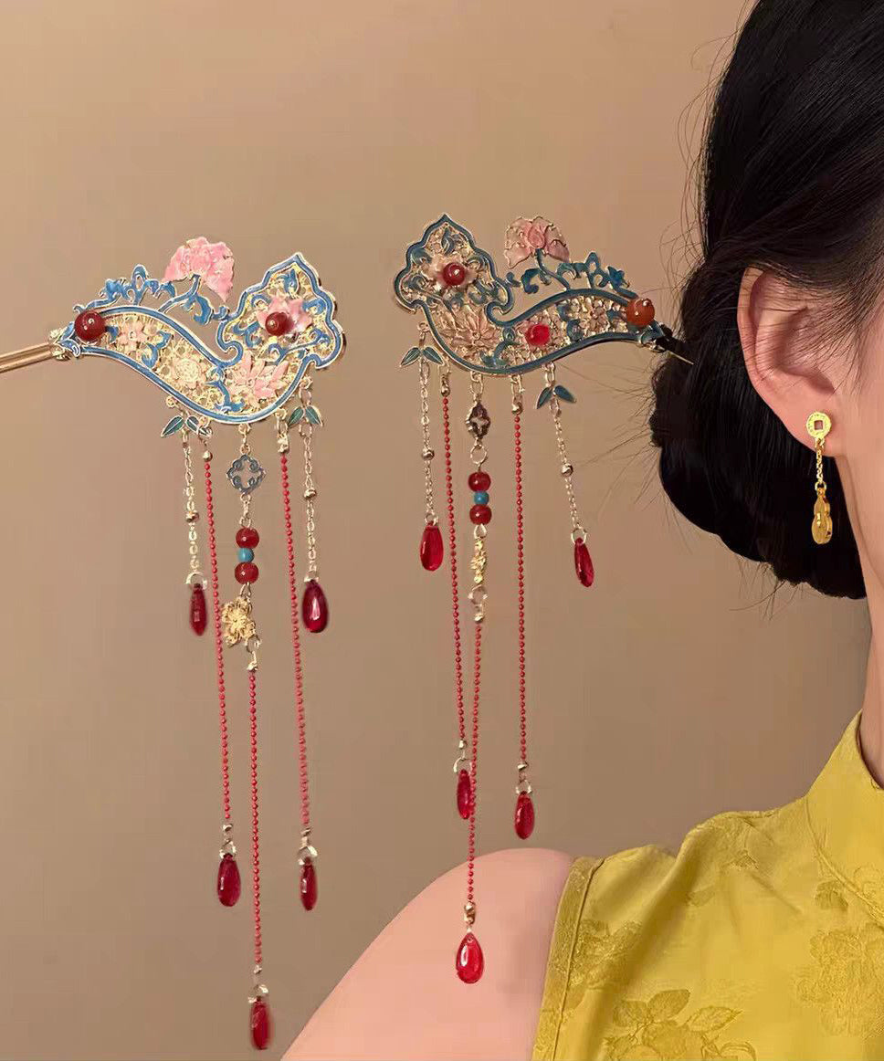 Retro Red Alloy Hollow Out Cloisonne Tassel a Pair Hairpin