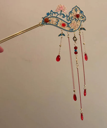Retro Red Alloy Hollow Out Cloisonne Tassel a Pair Hairpin