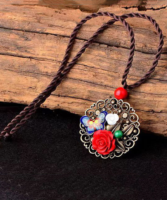 Retro Red Butterfly Hollow Out Metal Pendant Necklace