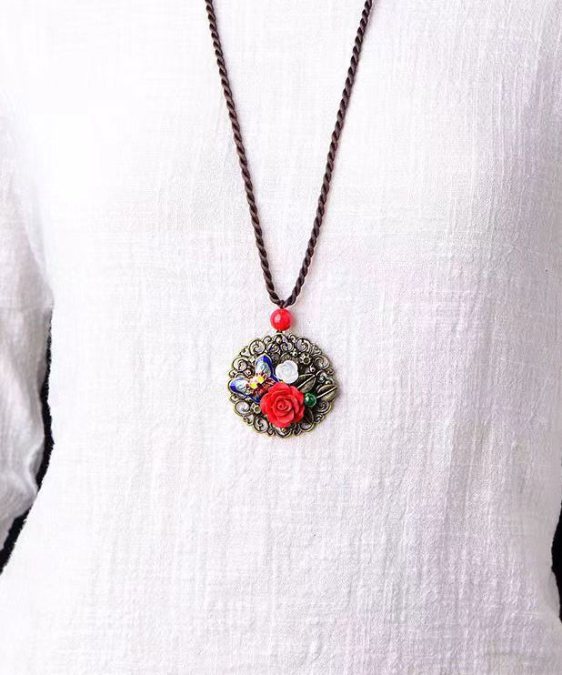 Retro Red Butterfly Hollow Out Metal Pendant Necklace