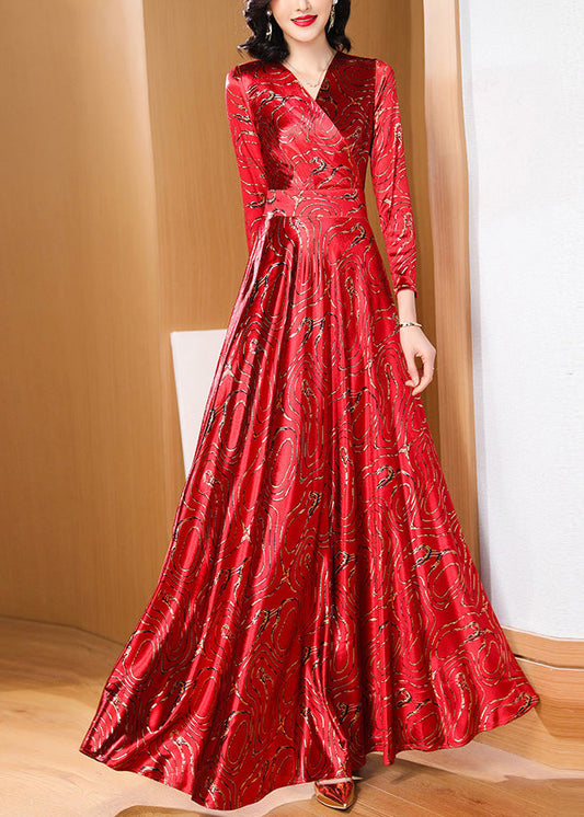 Retro Red Print Slim Fit Satin Long Dresses Spring Ly1735