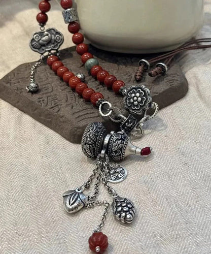 Retro Red Sterling Silver Beading Calabash Ruyi Lock Tassel Pendant Necklace