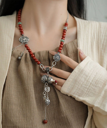 Retro Red Sterling Silver Beading Calabash Ruyi Lock Tassel Pendant Necklace