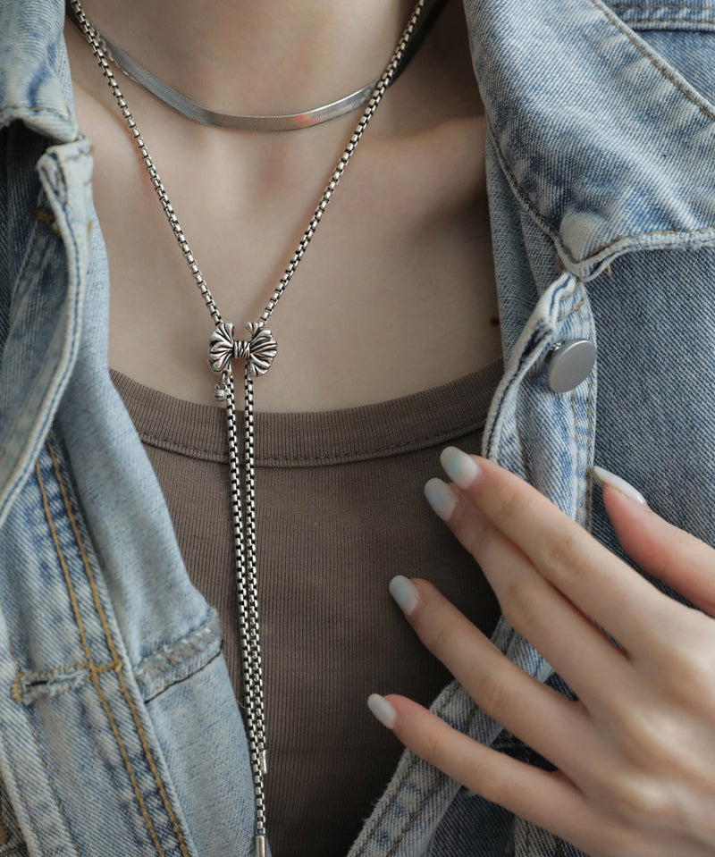 Retro Silk Sterling Silver Bow Tassel Pendant Necklace Gh1072