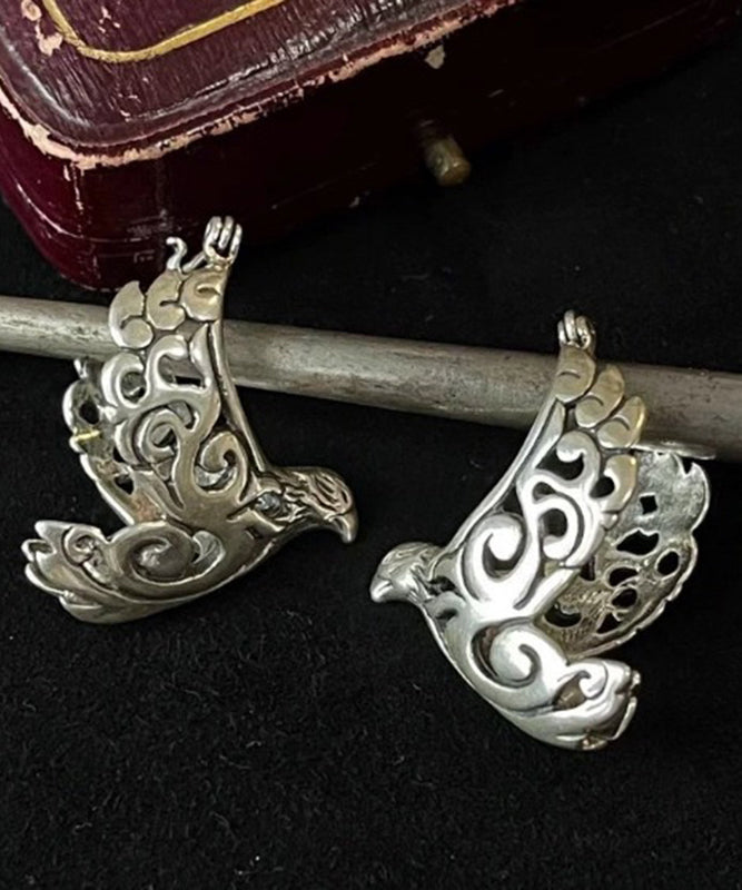 Retro Silk Sterling Silver Carve Bird in Flight Hollow Out Hoop Earrings