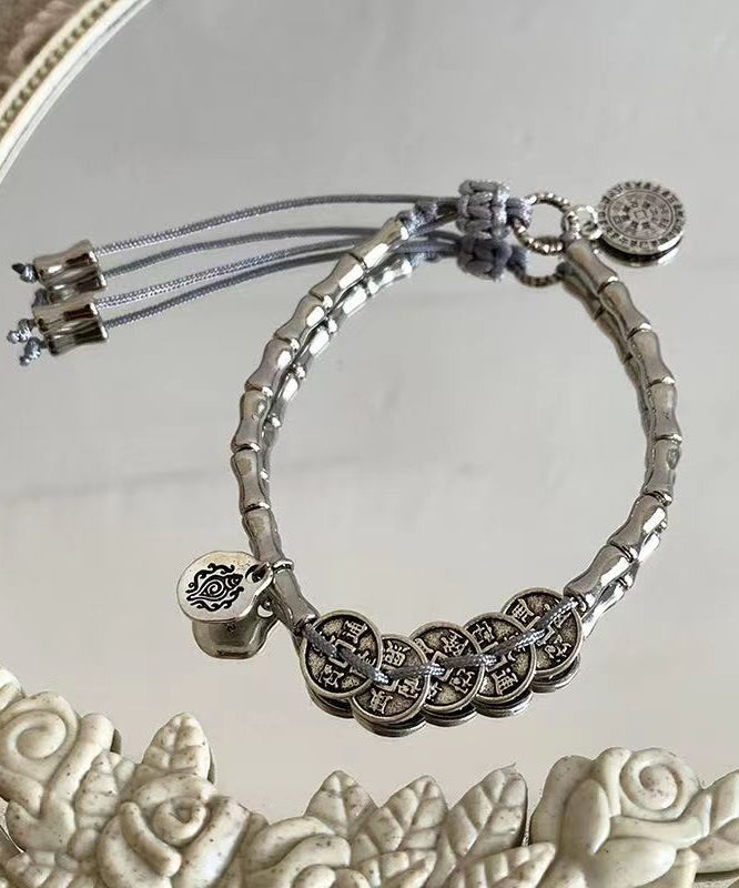 Retro Silk Sterling Silver Five Emperor Coins Tassel Charm Bracelet Gh1048
