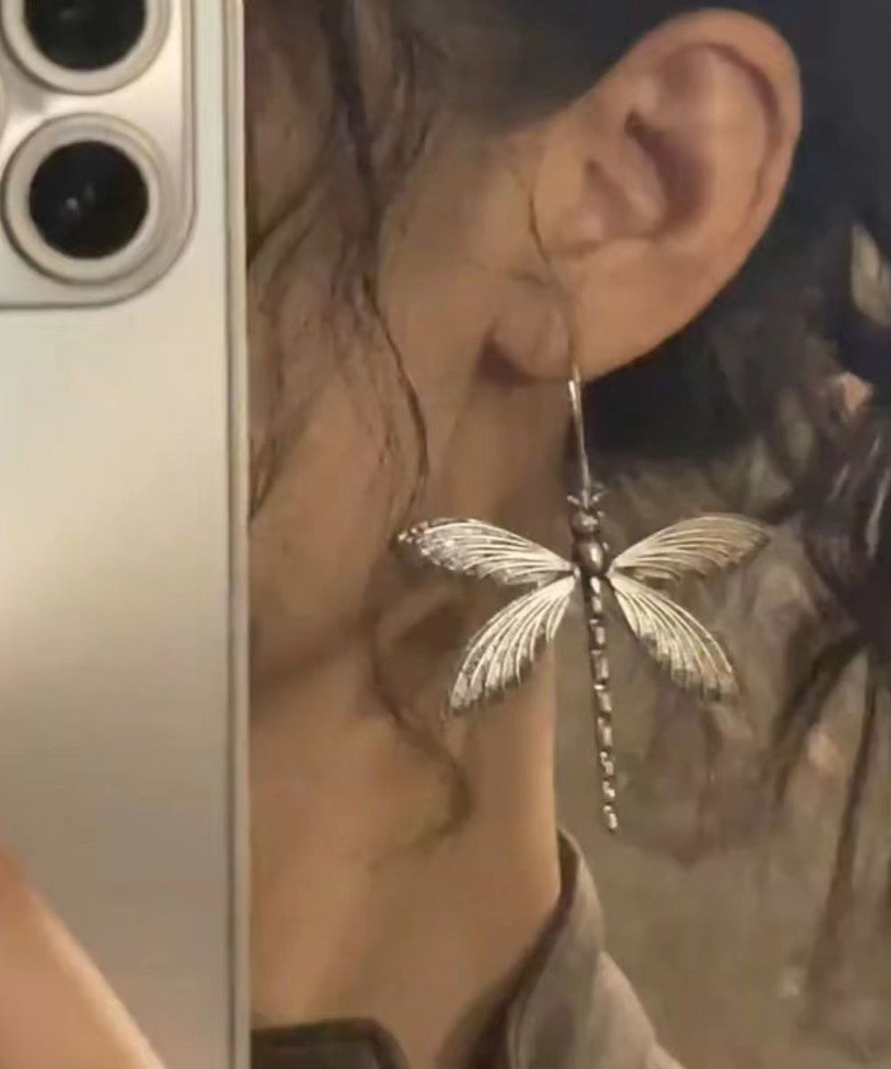 Retro Silk Sterling Silver Hollowing Out Butterfly Drop Earrings Df1022