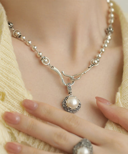 Retro Silk Sterling Silver Pearl Pendant Necklace Kx1085