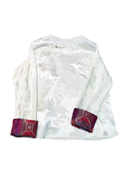 Retro White O Neck Jacquard Silk Blouses Long Sleeve Bb025