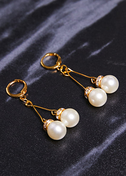 Retro White Pearl Zircon 14k Gold Drop Earrings