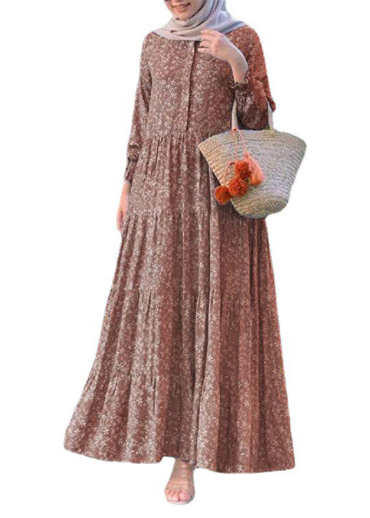 Retro Yellow O-neck Print Patchwork Button Long Dresses Long Sleeve Lc0062