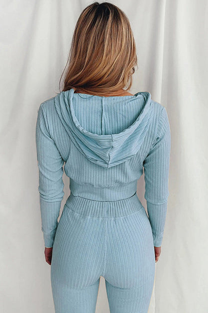 Ribbed Knit Hoodie Long Pants Suits