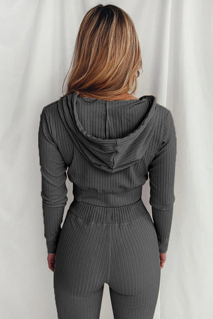 Ribbed Knit Hoodie Long Pants Suits