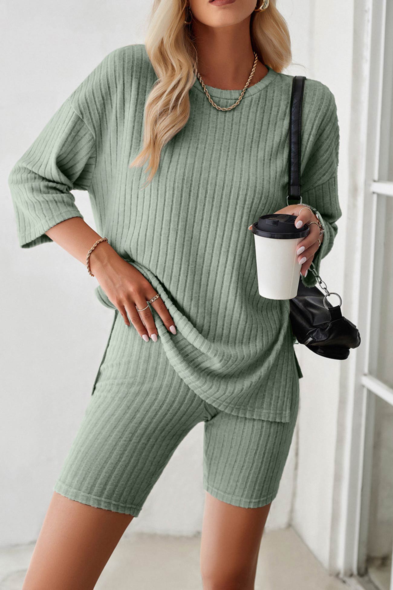 Ribbed Knit T-shirt Shorts Suits