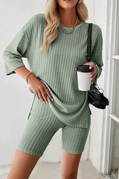 Ribbed Knit T-shirt Shorts Suits