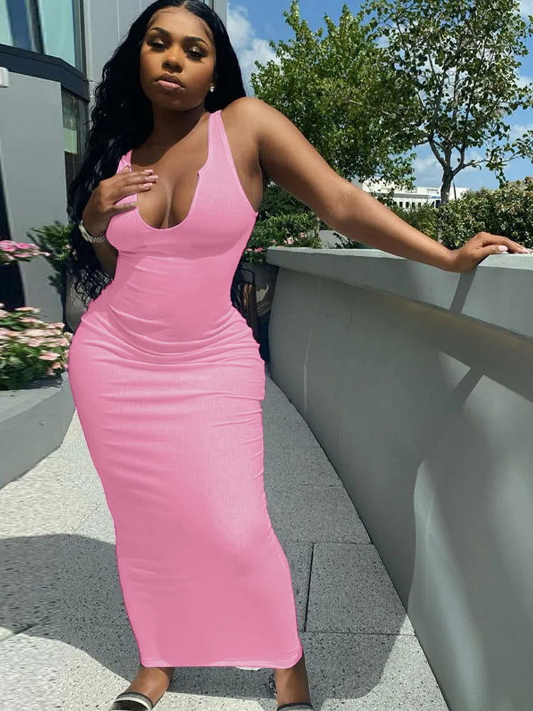 Ribbed Knitted Stripe V Neck Club Summer Midi Dresses