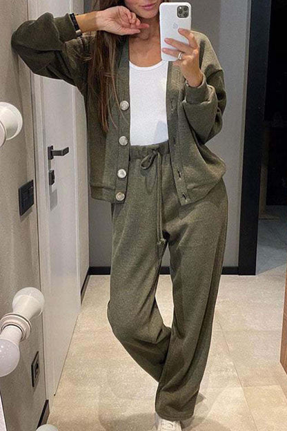 Color Button Down Cardigan Long Pants Set
