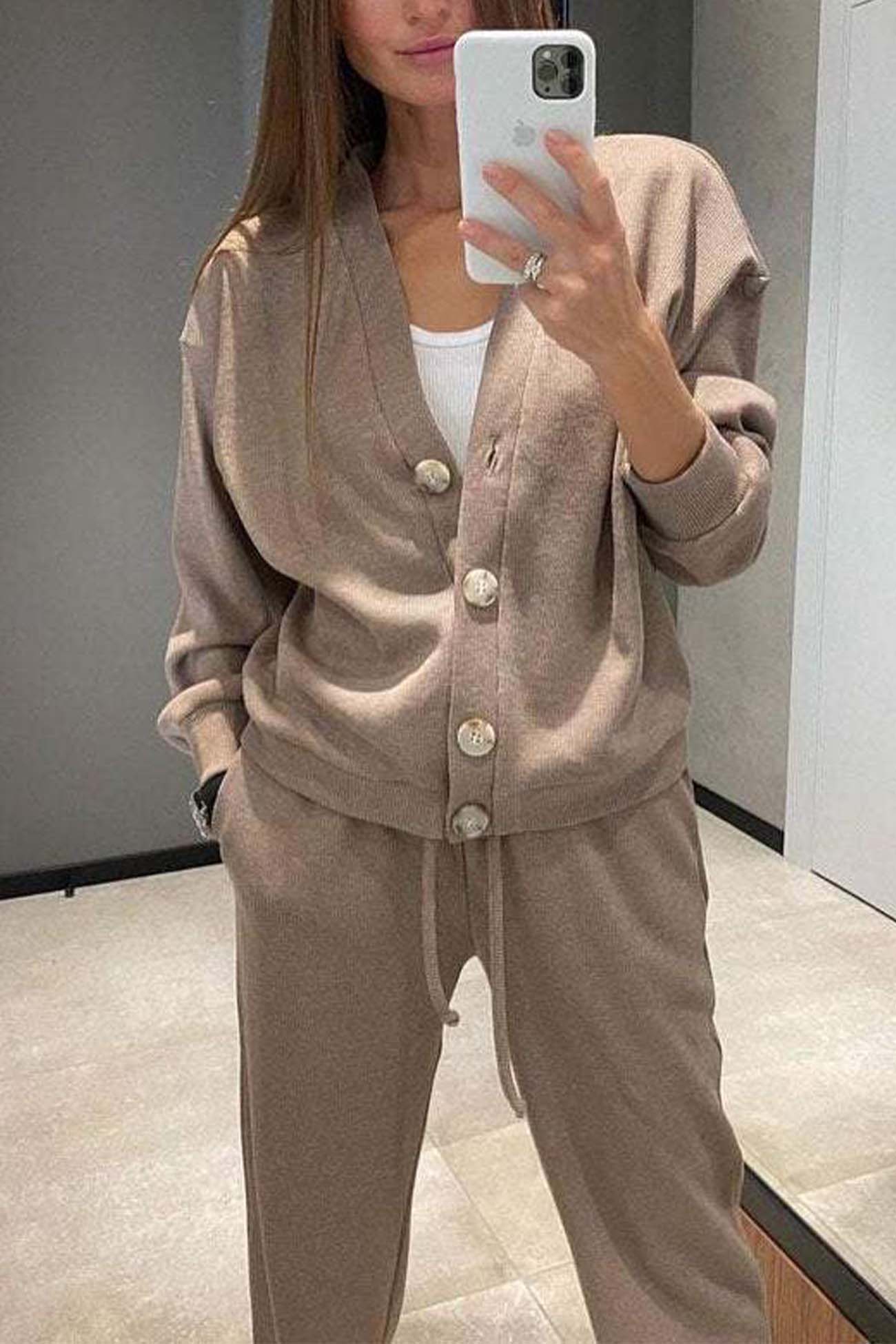 Color Button Down Cardigan Long Pants Set
