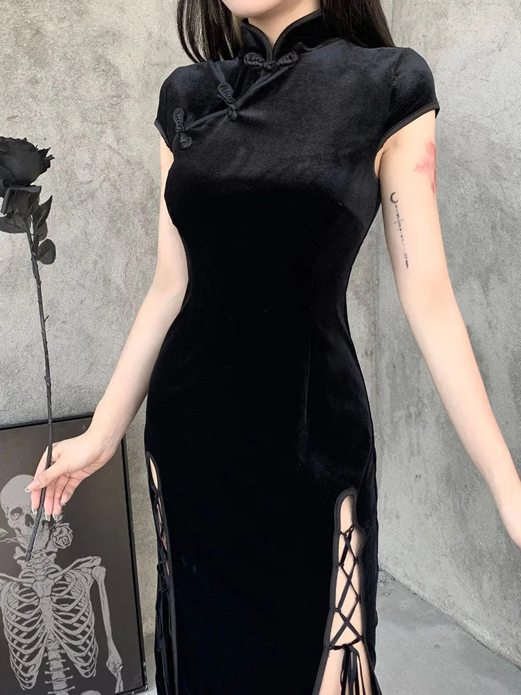 Romantic Gothic Velvet Aesthetic Black Evening Cheongsam Midi Dresses
