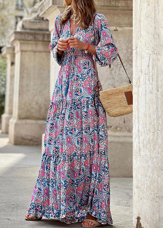 Rose Tie Waist Fall Maxi Dress V Neck Qa024