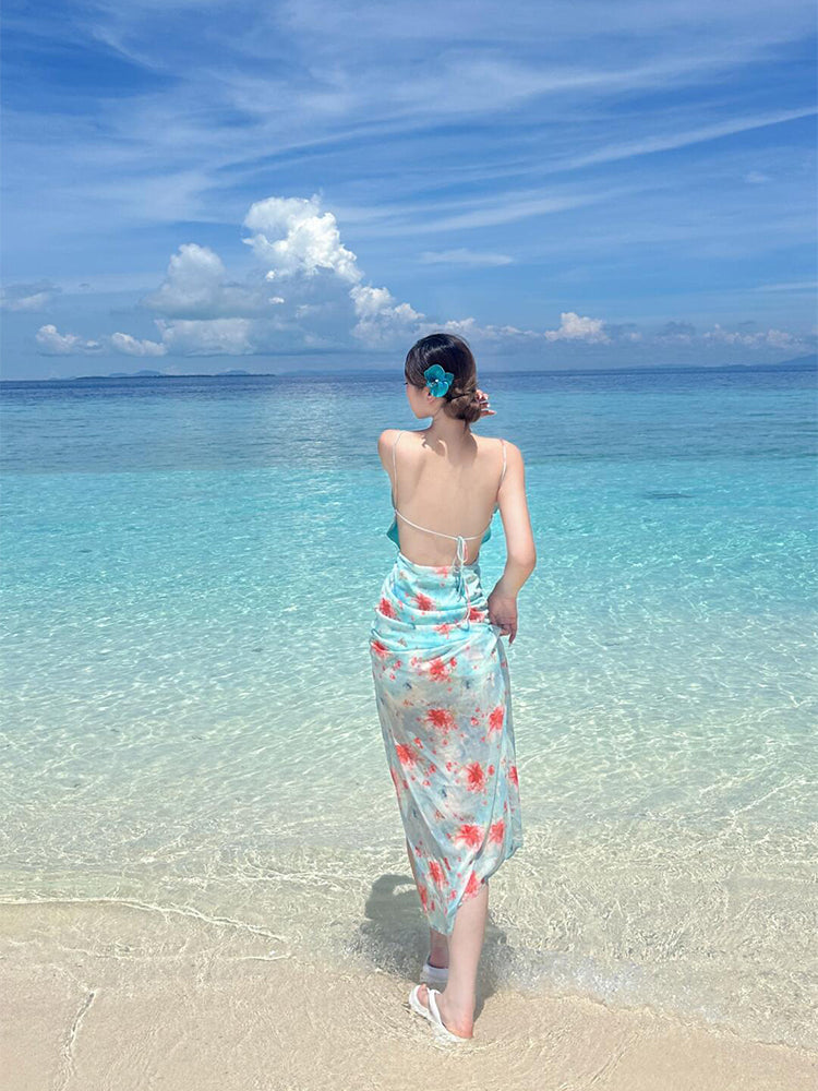 Ruffled Split Maxi Dress Feminine Open-back Summer Beach Dress