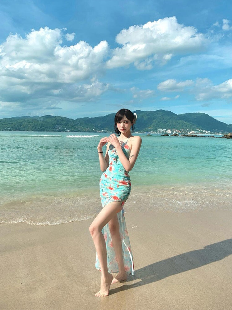 Ruffled Split Maxi Dress Feminine Open-back Summer Beach Dress