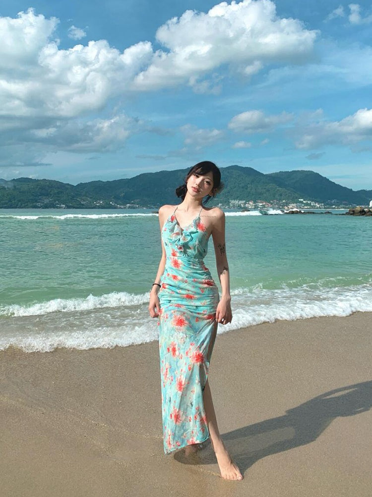 Ruffled Split Maxi Dress Feminine Open-back Summer Beach Dress