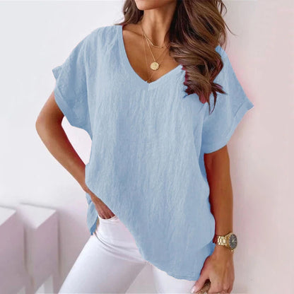 Summer Loose V-neck Khaki T-shirt