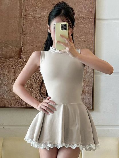 Splice Lace Mini Dress for High Waisted Slim Folds Aline Hem Dresses Sleeveless Evening Party Dress Lady