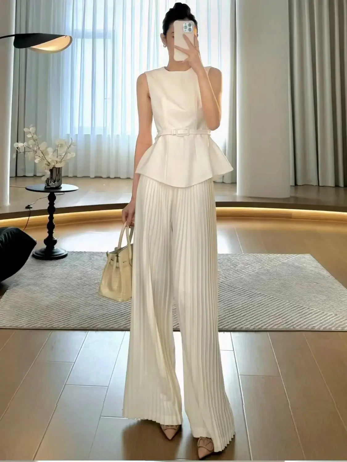 Sleeveless Top Waist Belted Slim Tank Top Pleated Wide Leg Pants Set Commuting Professional Two Piece Set Outfits
