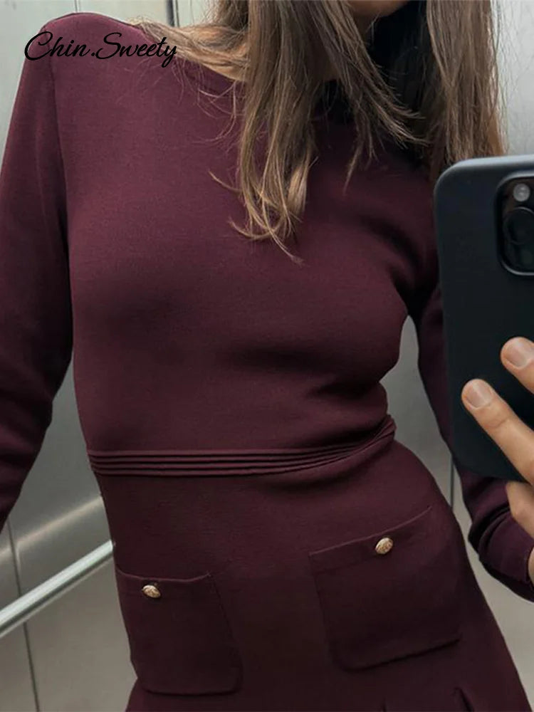 Knit Burgundy Red A-line Mini Dress O-neck Long Sleeves Pleat Party Dresses Female Spring New Pockets Button Vestidos