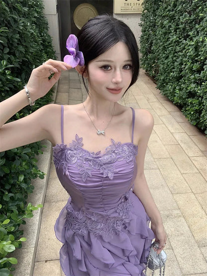 Korean Sweet Fairycore Long Dresses for Spaghetti Strap Ruffles Princess Party Dress Summer Slim Waist Vestidos