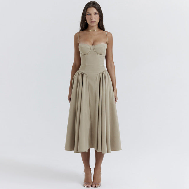 Spaghetti Strap Sleeveless A-line Midi Dress for Summer New Backless Pleated Slipdress Loose Dress