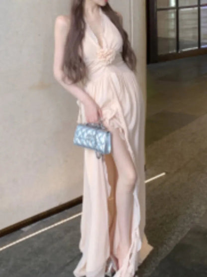 Neackmounted Backless Long Dresses Beach Gentle Fairycore Flower Design Sense Aline Vneck Off Shoulder Backless Dress