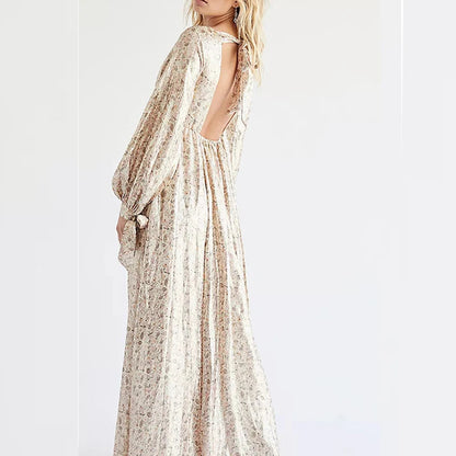 Laceup Backless Long Dress Spring Vneck High Waist Loose Maxi Dress Autumn Long Sleeve Print Party Dress Mujer