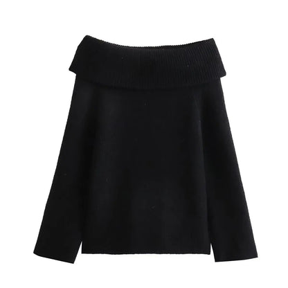 Offshoulder Knit Sweater Pullover for Slim High Street Loose Patchwork Camisola Knitwear Top